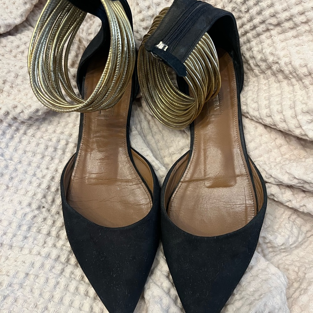 Aquazzura Elegant Black and Gold Women's Suede Flats